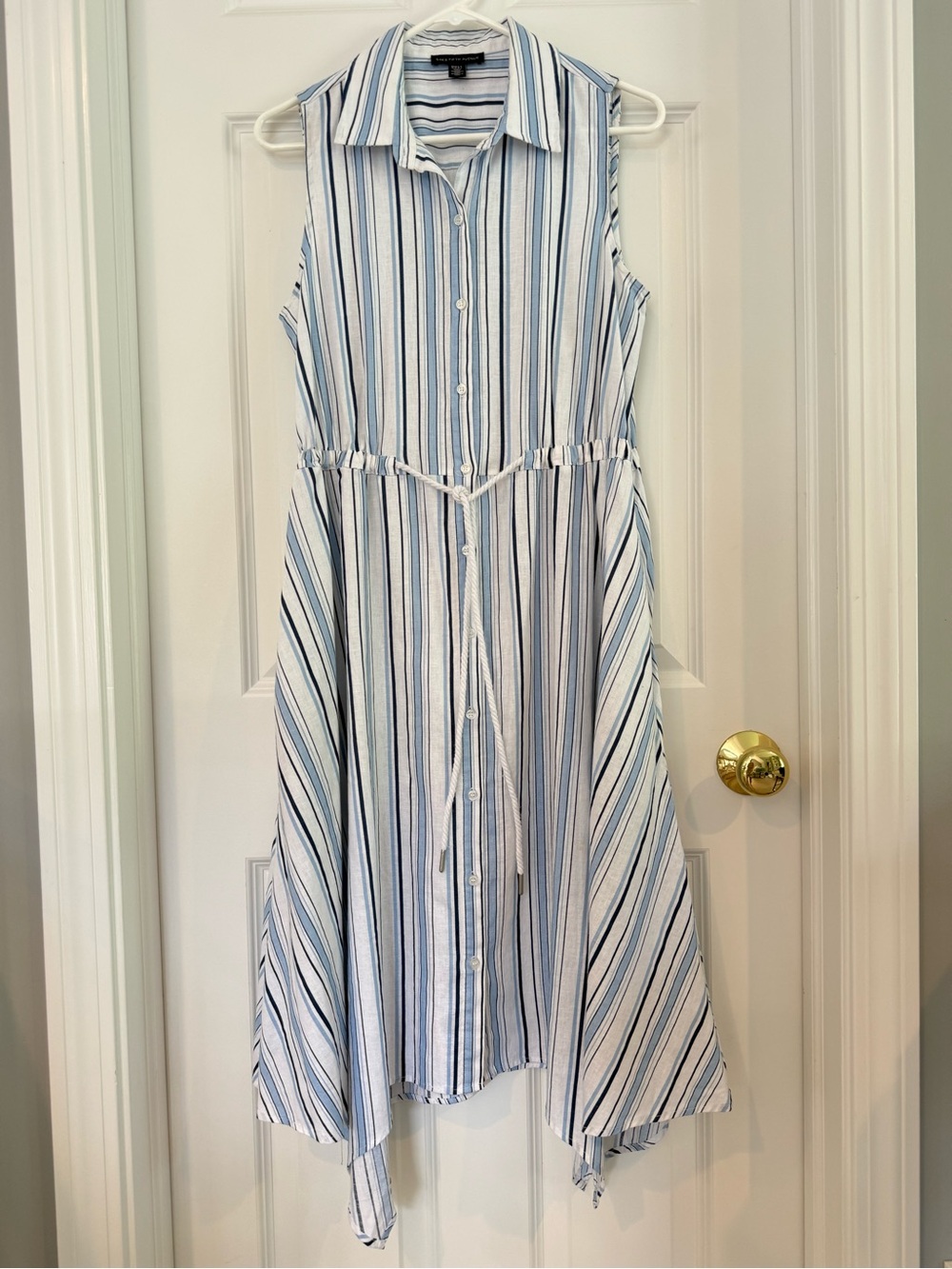 Saks Fifth Avenue Striped Linen Blend Asymmetrical Hem Midi Dress Size M
